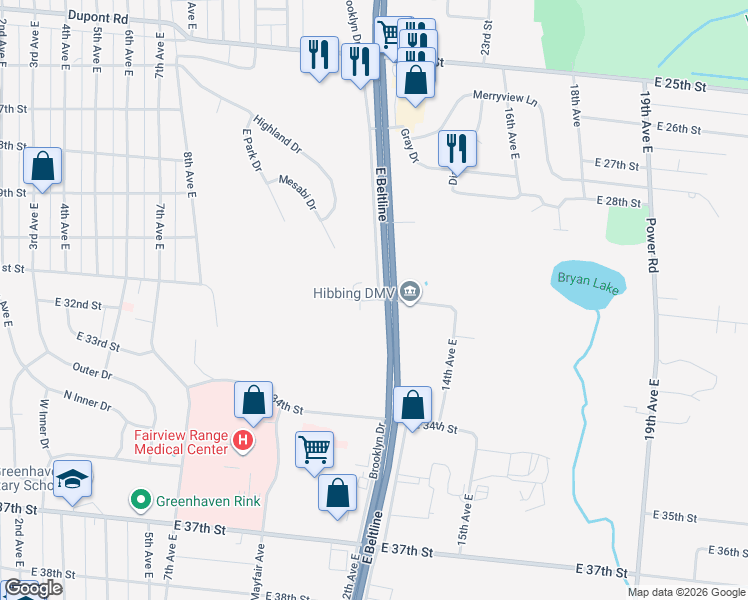 map of restaurants, bars, coffee shops, grocery stores, and more near East 31st Street in Hibbing