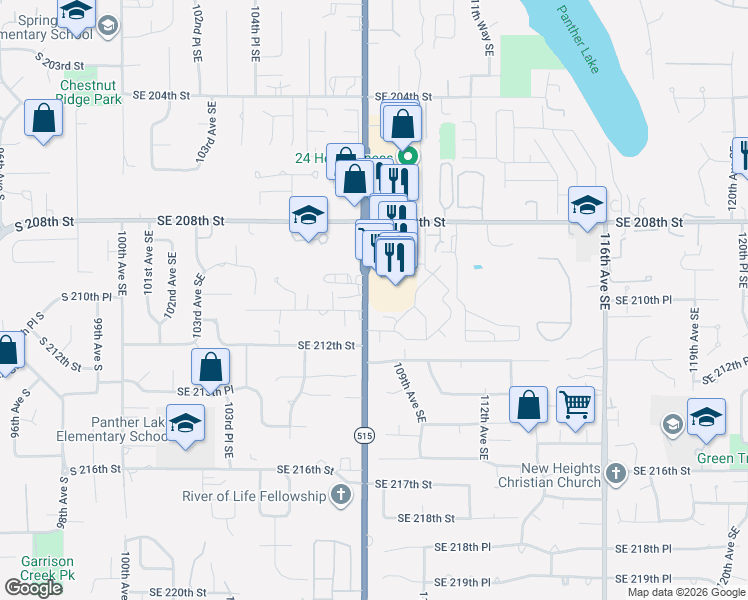 map of restaurants, bars, coffee shops, grocery stores, and more near 21080 108th Avenue Southeast in Kent