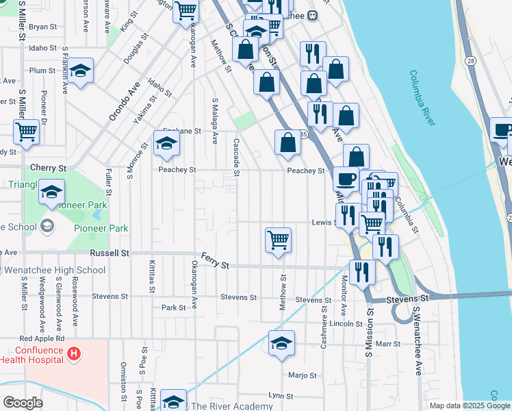 map of restaurants, bars, coffee shops, grocery stores, and more near 736 South Walker Avenue in Wenatchee
