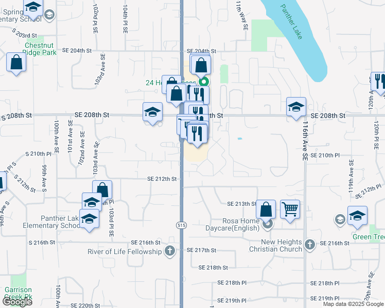 map of restaurants, bars, coffee shops, grocery stores, and more near 21030 108th Avenue Southeast in Kent