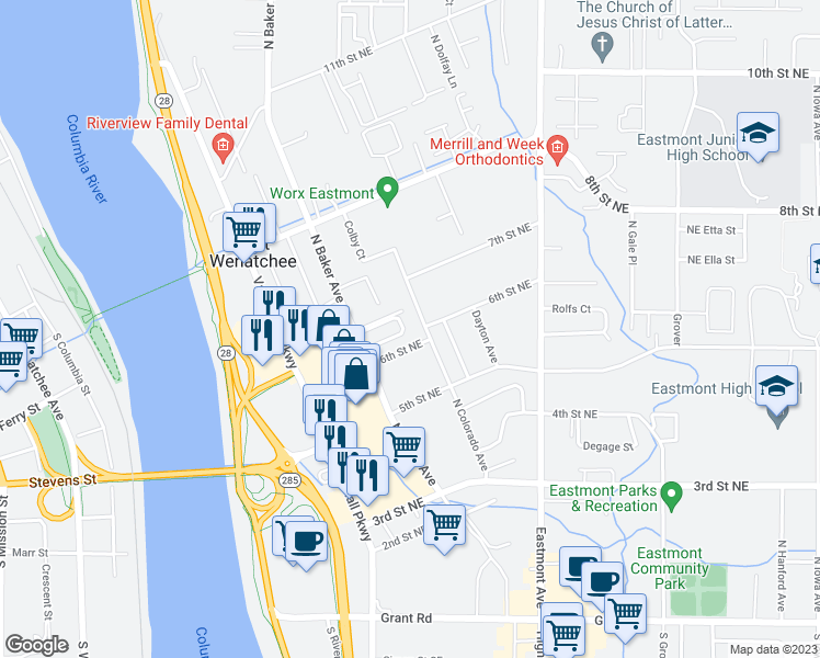 map of restaurants, bars, coffee shops, grocery stores, and more near 635 North Baker Avenue in East Wenatchee