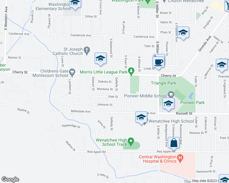 map of restaurants, bars, coffee shops, grocery stores, and more near 800 Gellatly Avenue in Wenatchee