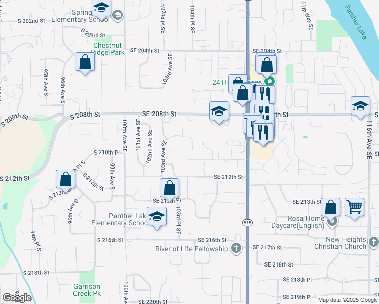 map of restaurants, bars, coffee shops, grocery stores, and more near 20931 104th Place Southeast in Kent