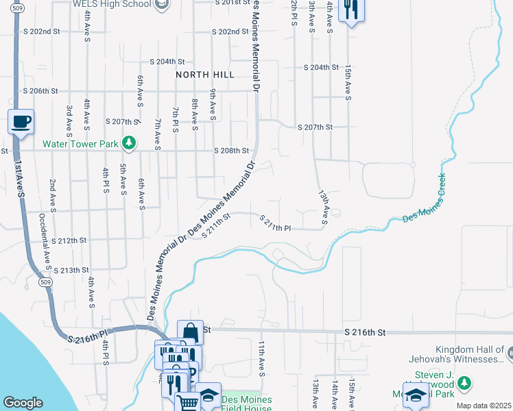 map of restaurants, bars, coffee shops, grocery stores, and more near 21016 11th Avenue South in Des Moines