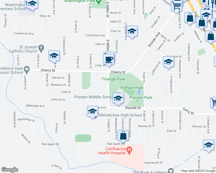 map of restaurants, bars, coffee shops, grocery stores, and more near 730 Montana Street in Wenatchee