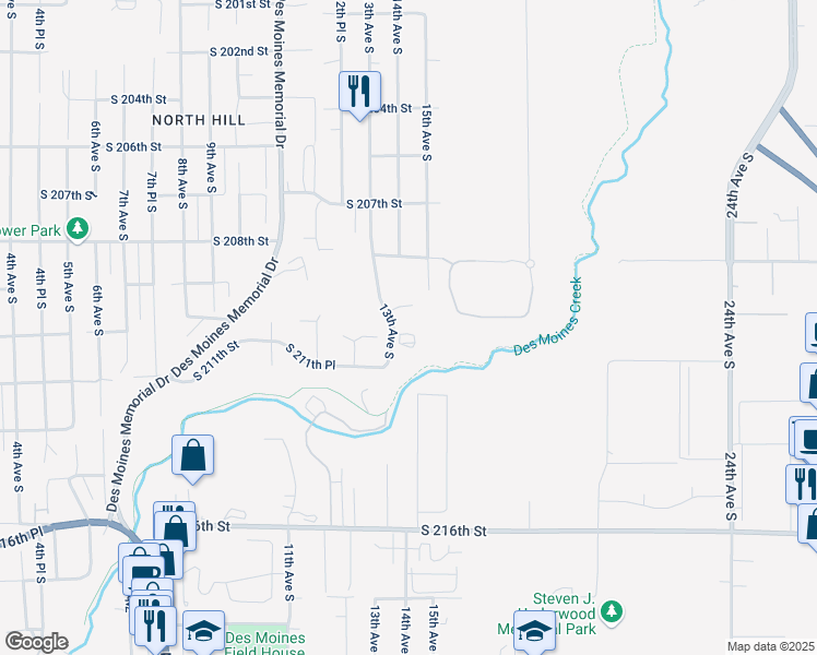 map of restaurants, bars, coffee shops, grocery stores, and more near 21010 13th Avenue South in Des Moines
