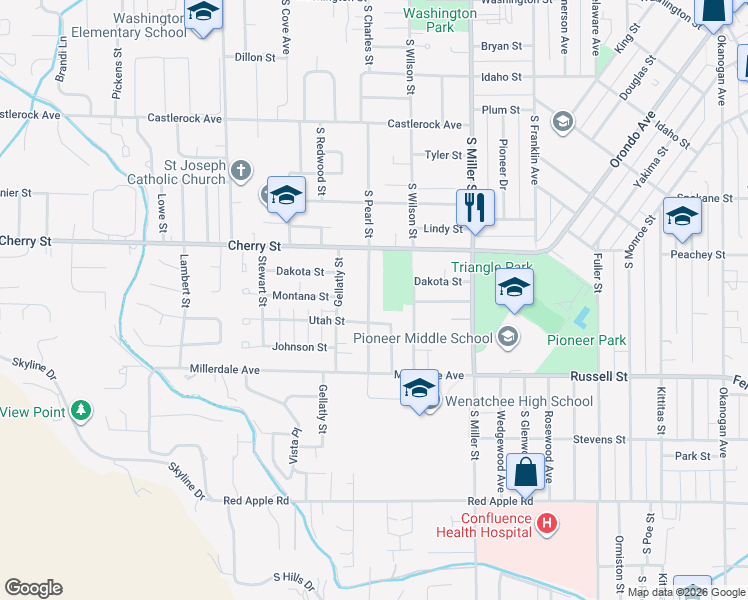map of restaurants, bars, coffee shops, grocery stores, and more near 1104 Utah Street in Wenatchee