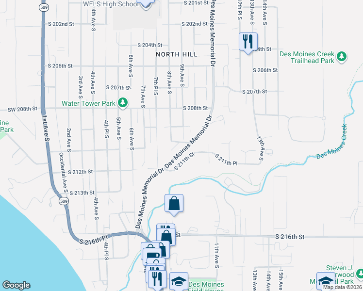 map of restaurants, bars, coffee shops, grocery stores, and more near 21002 9th Avenue South in Des Moines