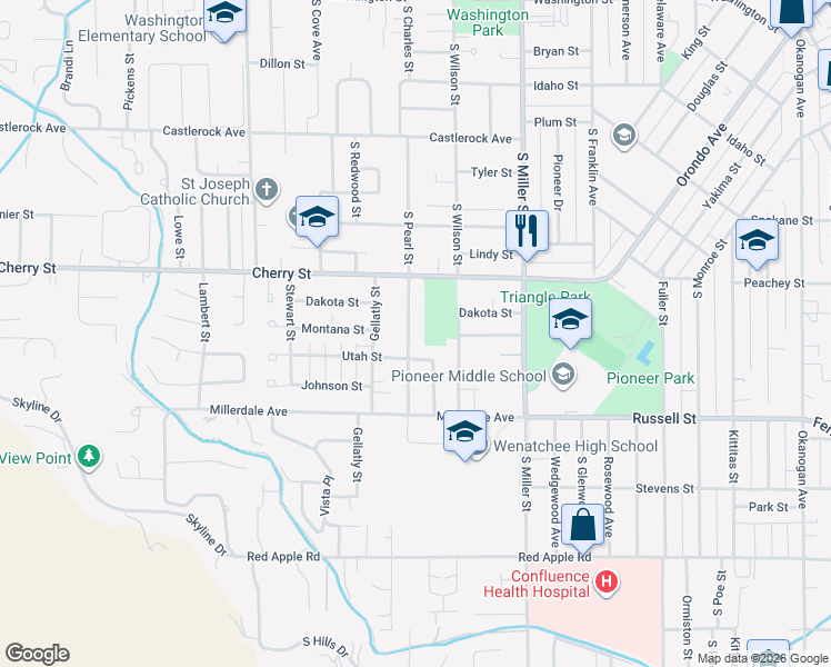 map of restaurants, bars, coffee shops, grocery stores, and more near 1104 Utah Street in Wenatchee