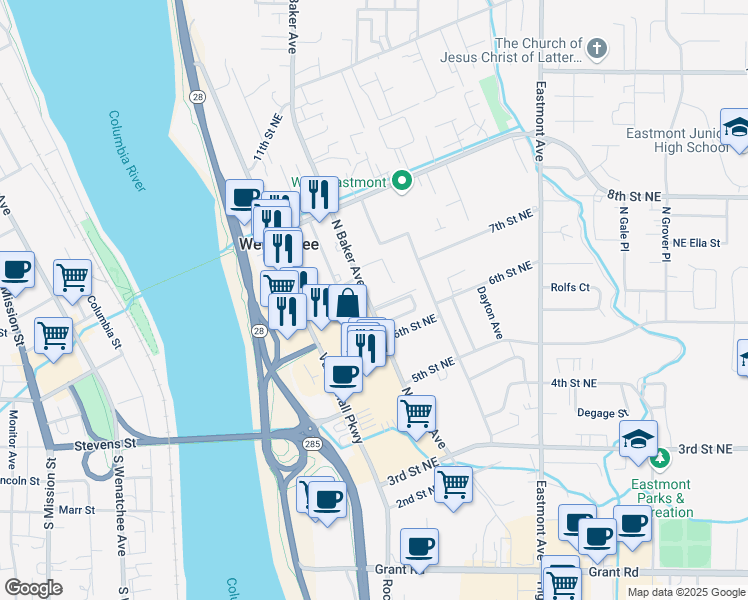 map of restaurants, bars, coffee shops, grocery stores, and more near 638 North Baker Avenue in East Wenatchee