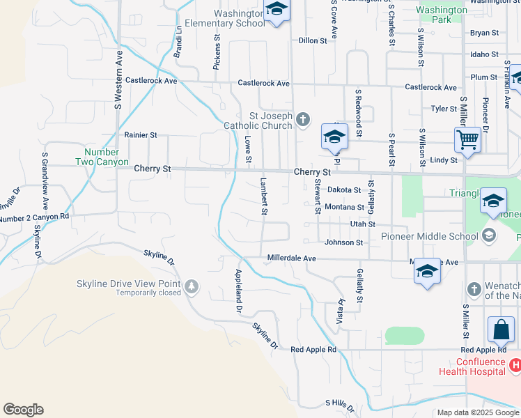 map of restaurants, bars, coffee shops, grocery stores, and more near 808 Lambert Street in Wenatchee