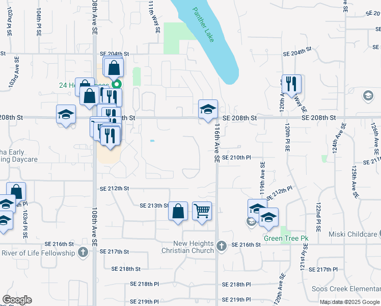 map of restaurants, bars, coffee shops, grocery stores, and more near 11358 Southeast 211th Lane in Kent