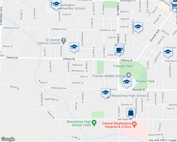 map of restaurants, bars, coffee shops, grocery stores, and more near 733 Gellatly Street in Wenatchee