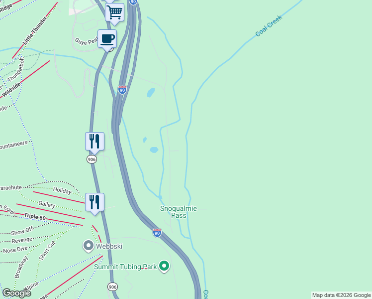 map of restaurants, bars, coffee shops, grocery stores, and more near 670 Yellowstone Trail Road in Snoqualmie Pass