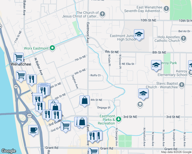 map of restaurants, bars, coffee shops, grocery stores, and more near 548 Rolfs Place in East Wenatchee