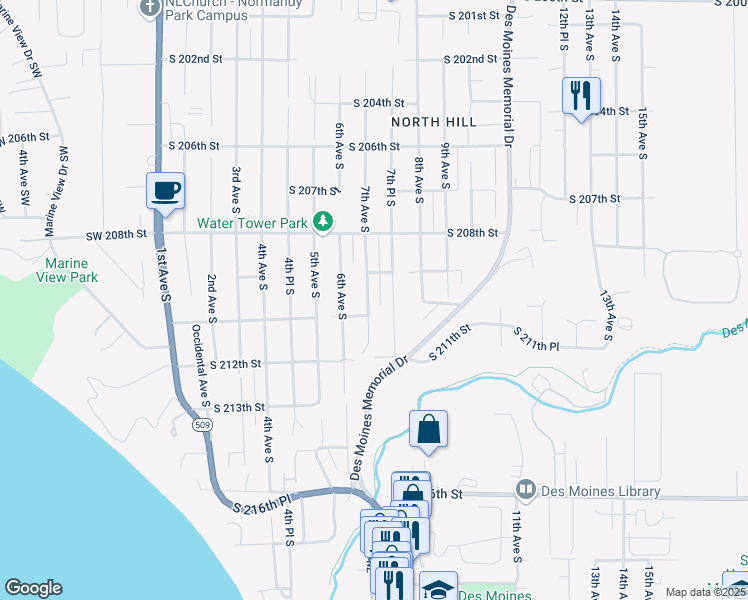 map of restaurants, bars, coffee shops, grocery stores, and more near 20924 7th Avenue South in Des Moines