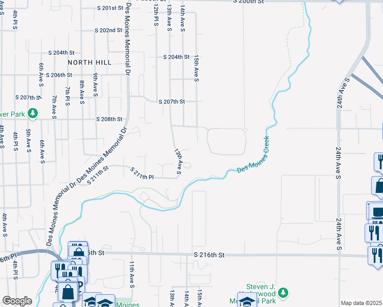 map of restaurants, bars, coffee shops, grocery stores, and more near 21010 13th Avenue South in Des Moines