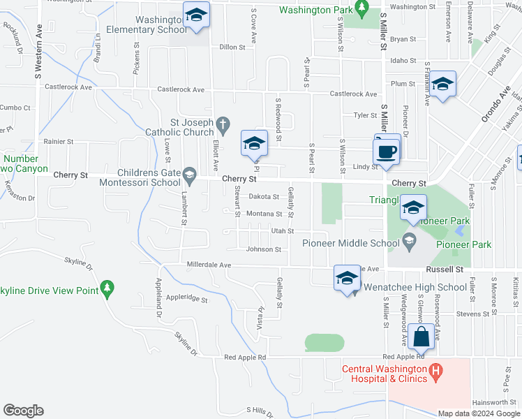 map of restaurants, bars, coffee shops, grocery stores, and more near 1244 Montana Street in Wenatchee