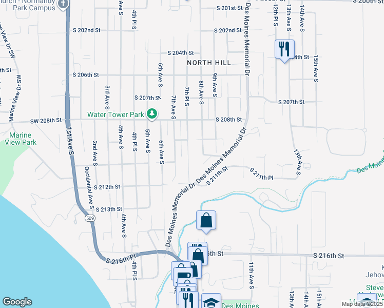 map of restaurants, bars, coffee shops, grocery stores, and more near 20926 7th Place South in Des Moines