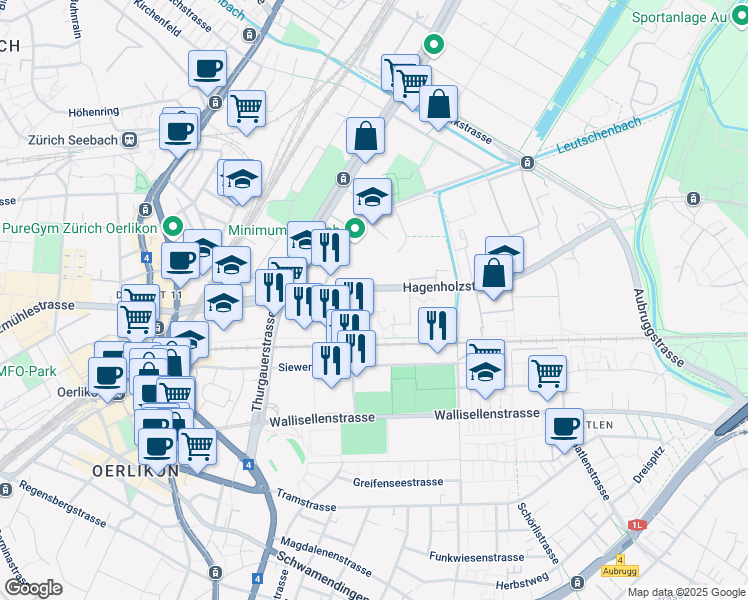 map of restaurants, bars, coffee shops, grocery stores, and more near 60 Hagenholzstrasse in Zürich