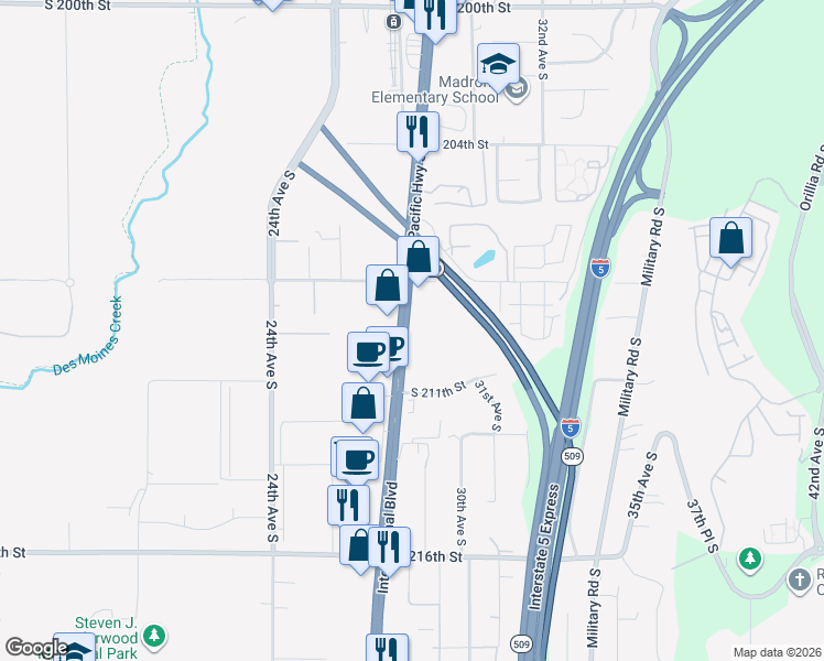 map of restaurants, bars, coffee shops, grocery stores, and more near 20848 Pacific Highway South in SeaTac