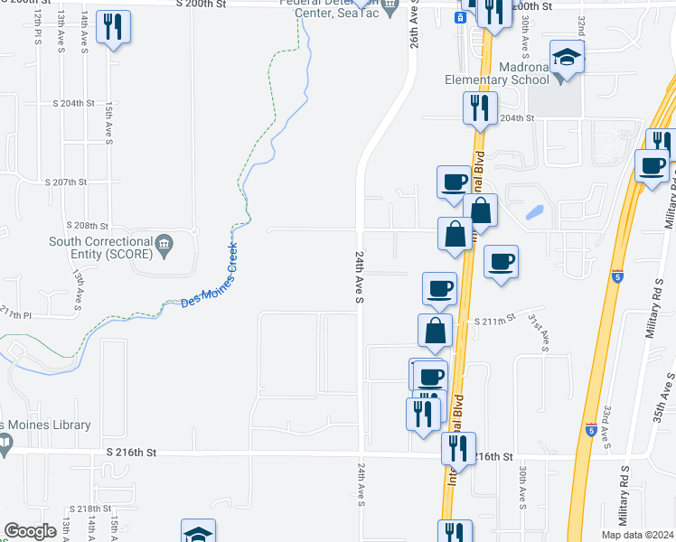 map of restaurants, bars, coffee shops, grocery stores, and more near 2341 South 208th Street in SeaTac