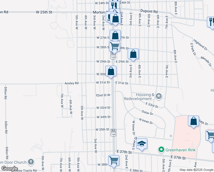 map of restaurants, bars, coffee shops, grocery stores, and more near 3130 2nd Avenue West in Hibbing
