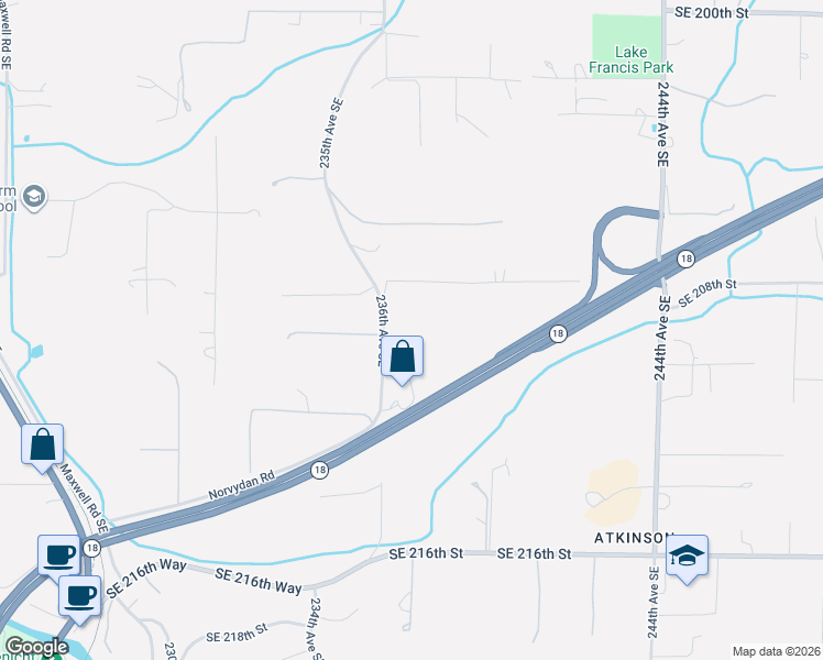 map of restaurants, bars, coffee shops, grocery stores, and more near 20830 236th Avenue Southeast in Maple Valley