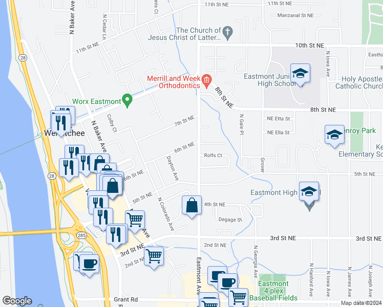 map of restaurants, bars, coffee shops, grocery stores, and more near 467 6th Street Northeast in East Wenatchee