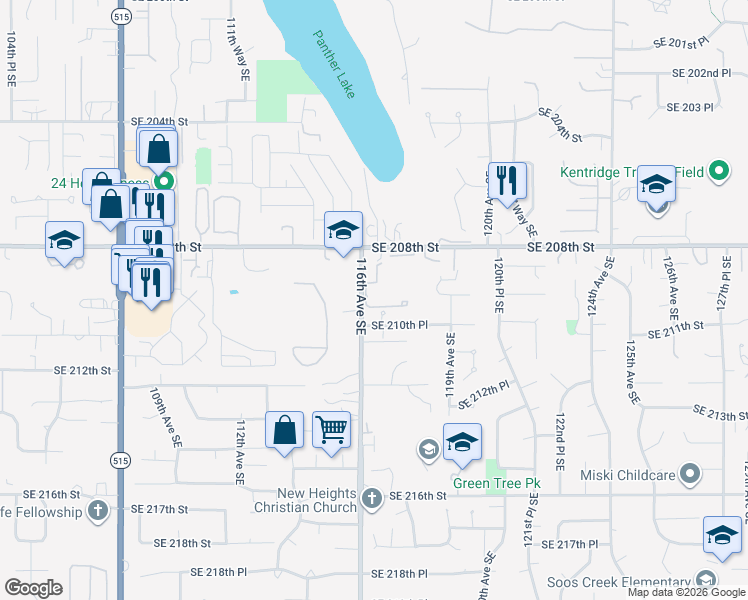 map of restaurants, bars, coffee shops, grocery stores, and more near 20828 116th Avenue Southeast in Kent