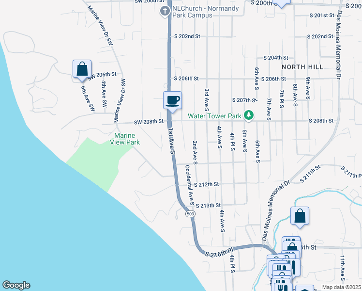 map of restaurants, bars, coffee shops, grocery stores, and more near 20848 1st Place South in Des Moines