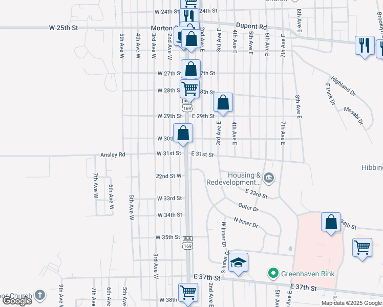 map of restaurants, bars, coffee shops, grocery stores, and more near 2804 1st Avenue East in Hibbing