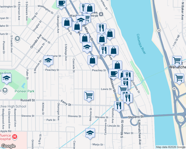 map of restaurants, bars, coffee shops, grocery stores, and more near 307 Peachey Street in Wenatchee