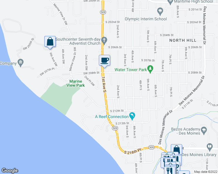 map of restaurants, bars, coffee shops, grocery stores, and more near 20902 1st Avenue South in Des Moines