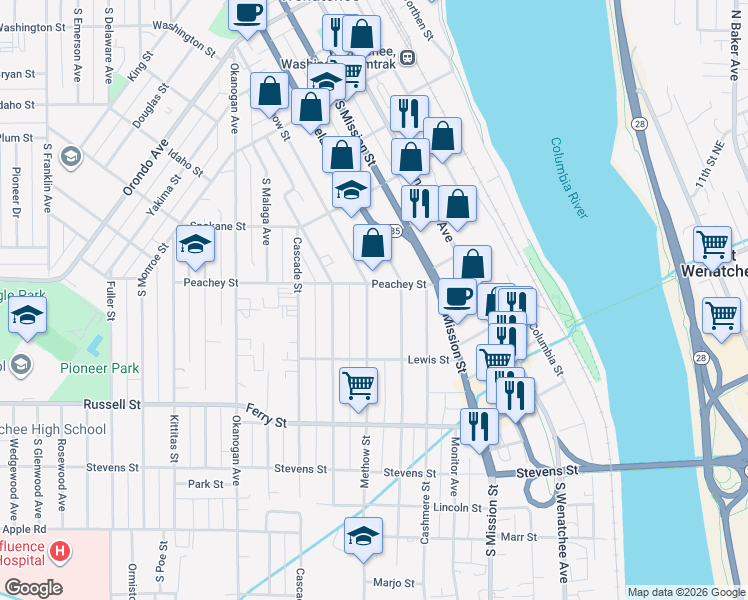 map of restaurants, bars, coffee shops, grocery stores, and more near 307 Peachey Street in Wenatchee