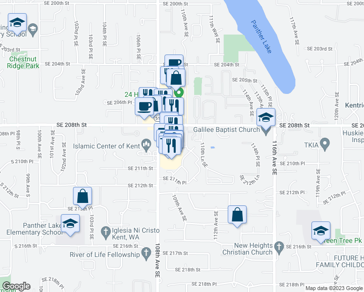 map of restaurants, bars, coffee shops, grocery stores, and more near 20855 109th Lane Southeast in Kent