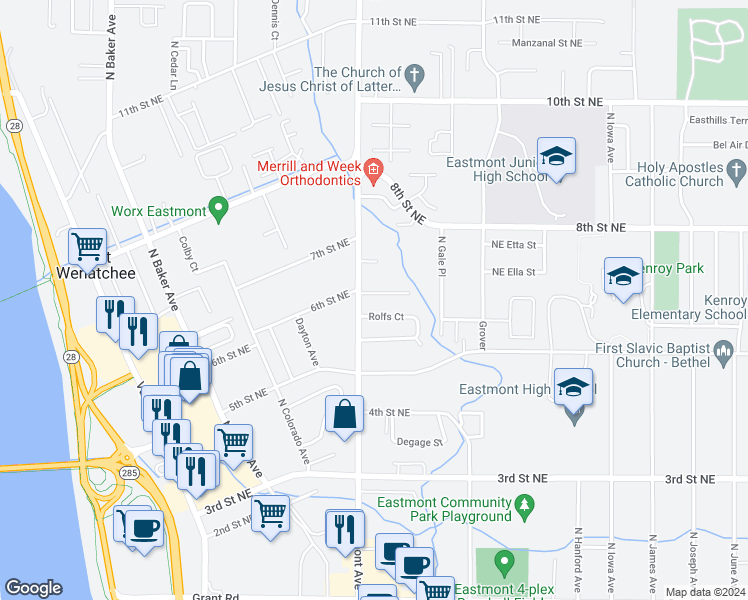 map of restaurants, bars, coffee shops, grocery stores, and more near 589 Eastmont Avenue in East Wenatchee