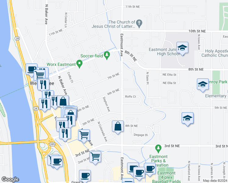 map of restaurants, bars, coffee shops, grocery stores, and more near 467 6th Street Northeast in East Wenatchee