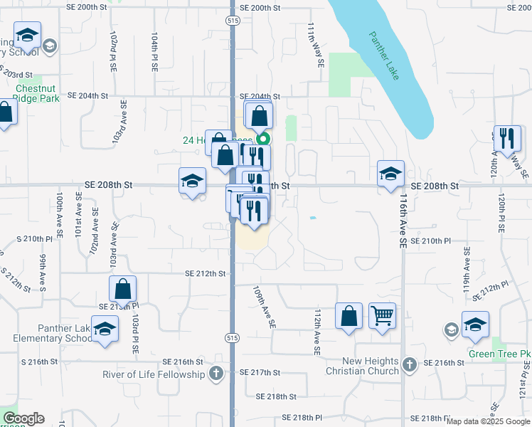 map of restaurants, bars, coffee shops, grocery stores, and more near 20836 109th Lane Southeast in Kent