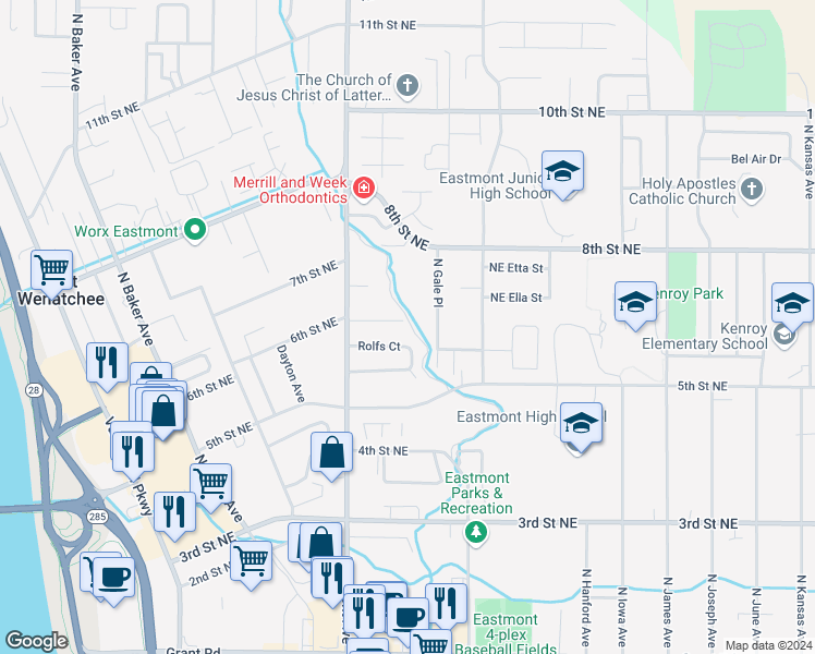 map of restaurants, bars, coffee shops, grocery stores, and more near 748 North Gale Place in East Wenatchee