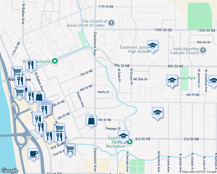 map of restaurants, bars, coffee shops, grocery stores, and more near 597 Eastmont Avenue in East Wenatchee