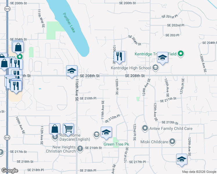 map of restaurants, bars, coffee shops, grocery stores, and more near 20908 118th Place Southeast in Kent