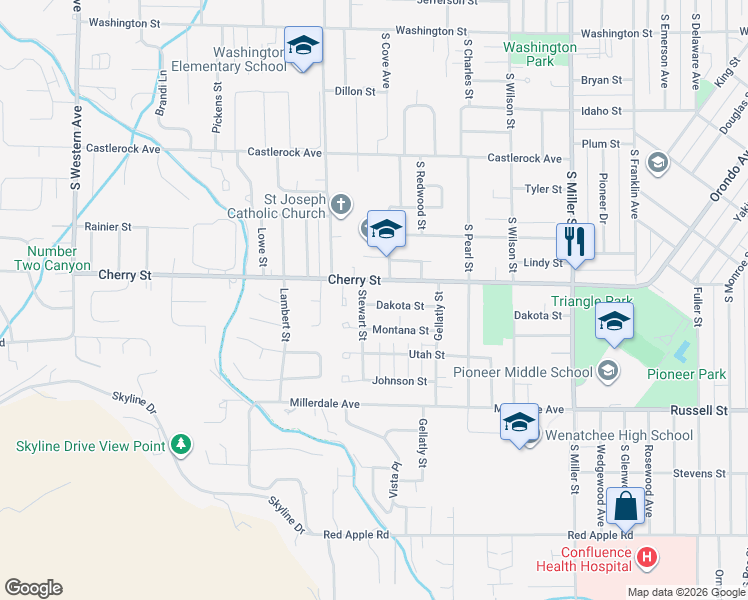 map of restaurants, bars, coffee shops, grocery stores, and more near 1258 Dakota Street in Wenatchee