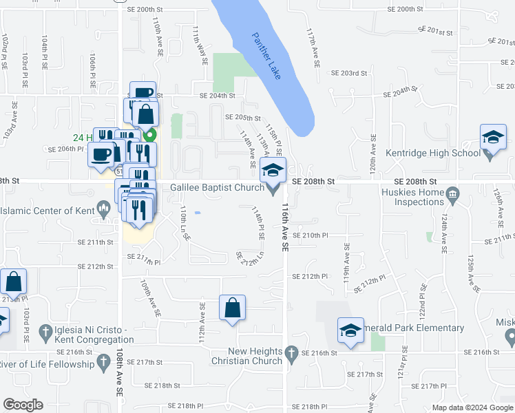 map of restaurants, bars, coffee shops, grocery stores, and more near 20820 114th Place Southeast in Kent