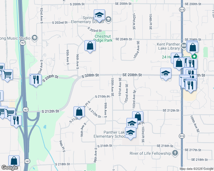 map of restaurants, bars, coffee shops, grocery stores, and more near 20811 100th Avenue Southeast in Kent