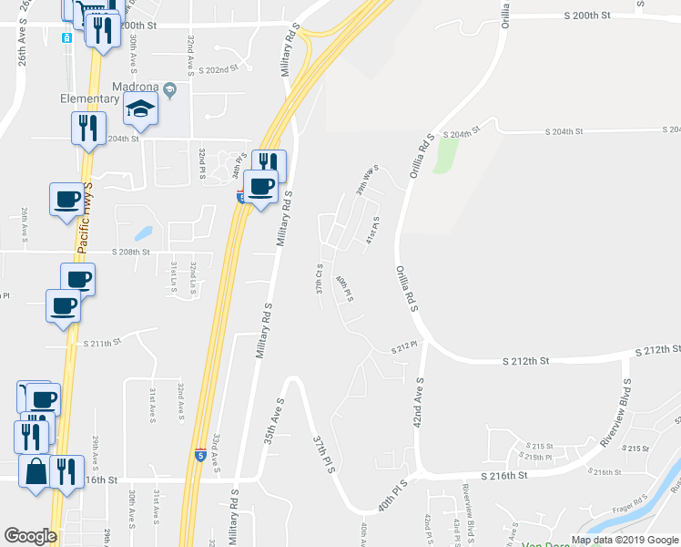 map of restaurants, bars, coffee shops, grocery stores, and more near 21026 40th Place South in SeaTac