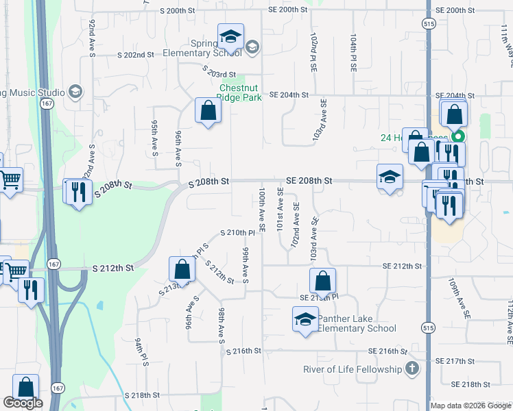 map of restaurants, bars, coffee shops, grocery stores, and more near 20902 99th Place South in Kent