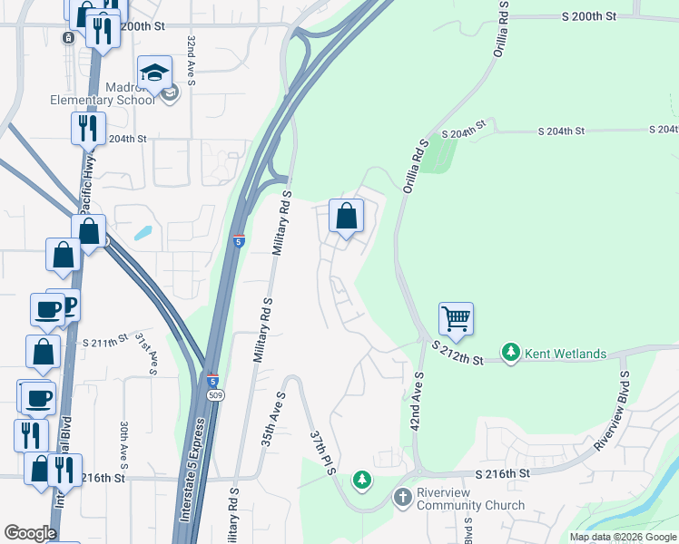 map of restaurants, bars, coffee shops, grocery stores, and more near 21026 40th Place South in SeaTac