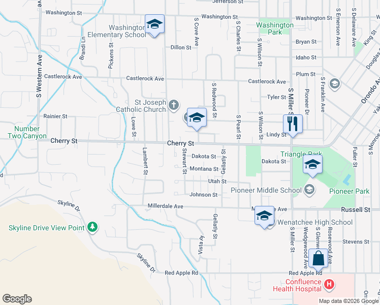 map of restaurants, bars, coffee shops, grocery stores, and more near 1258 Dakota Street in Wenatchee
