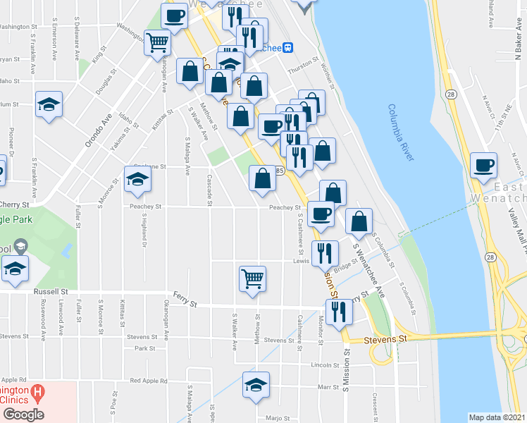 map of restaurants, bars, coffee shops, grocery stores, and more near 307 Peachey Street in Wenatchee